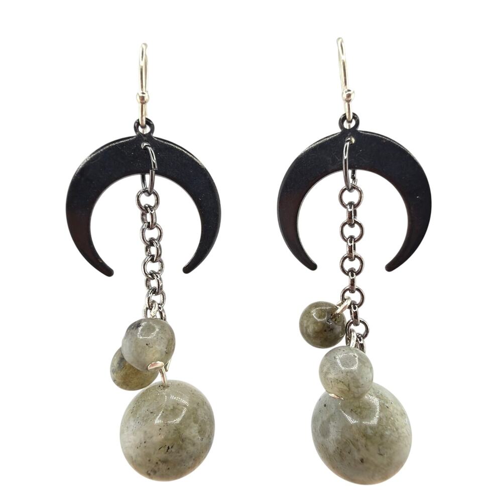 New Handcrafted Artisan Crescent Moon and Labradorite Dangle Earrings